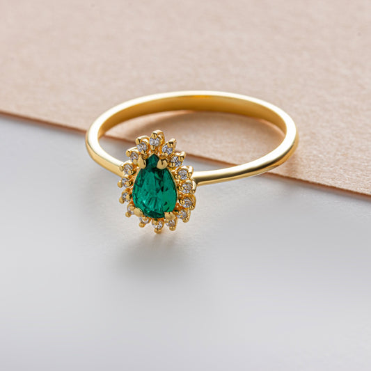 Teardrop Emerald Ring in 8K/10K/14K Solid Gold Surrounded with Real Diamonds, May Birthstone Jewelry