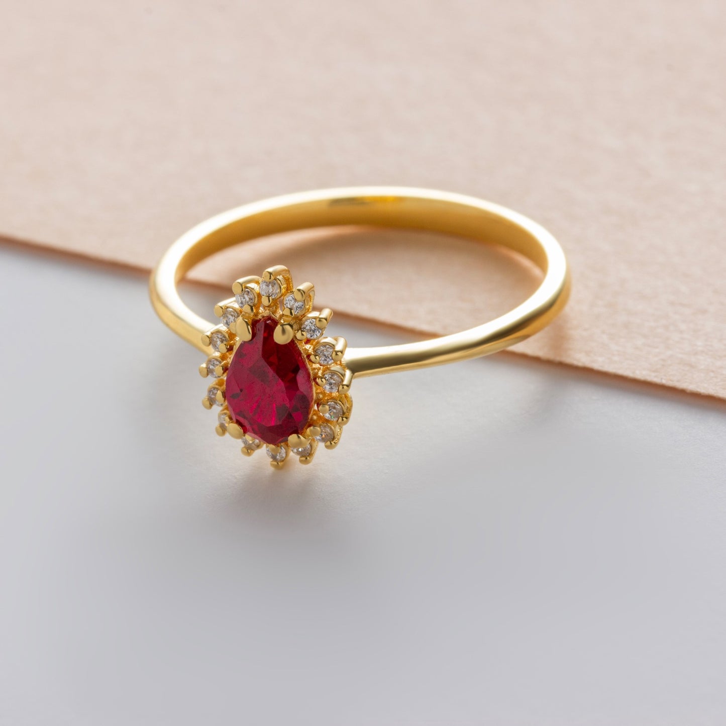 Teardrop Ruby Ring in 8K/10K/14K Solid Gold Surrounded with Real Diamonds, July Birthstone Jewelry
