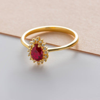 Teardrop Ruby Ring in 8K/10K/14K Solid Gold Surrounded with Real Diamonds, July Birthstone Jewelry