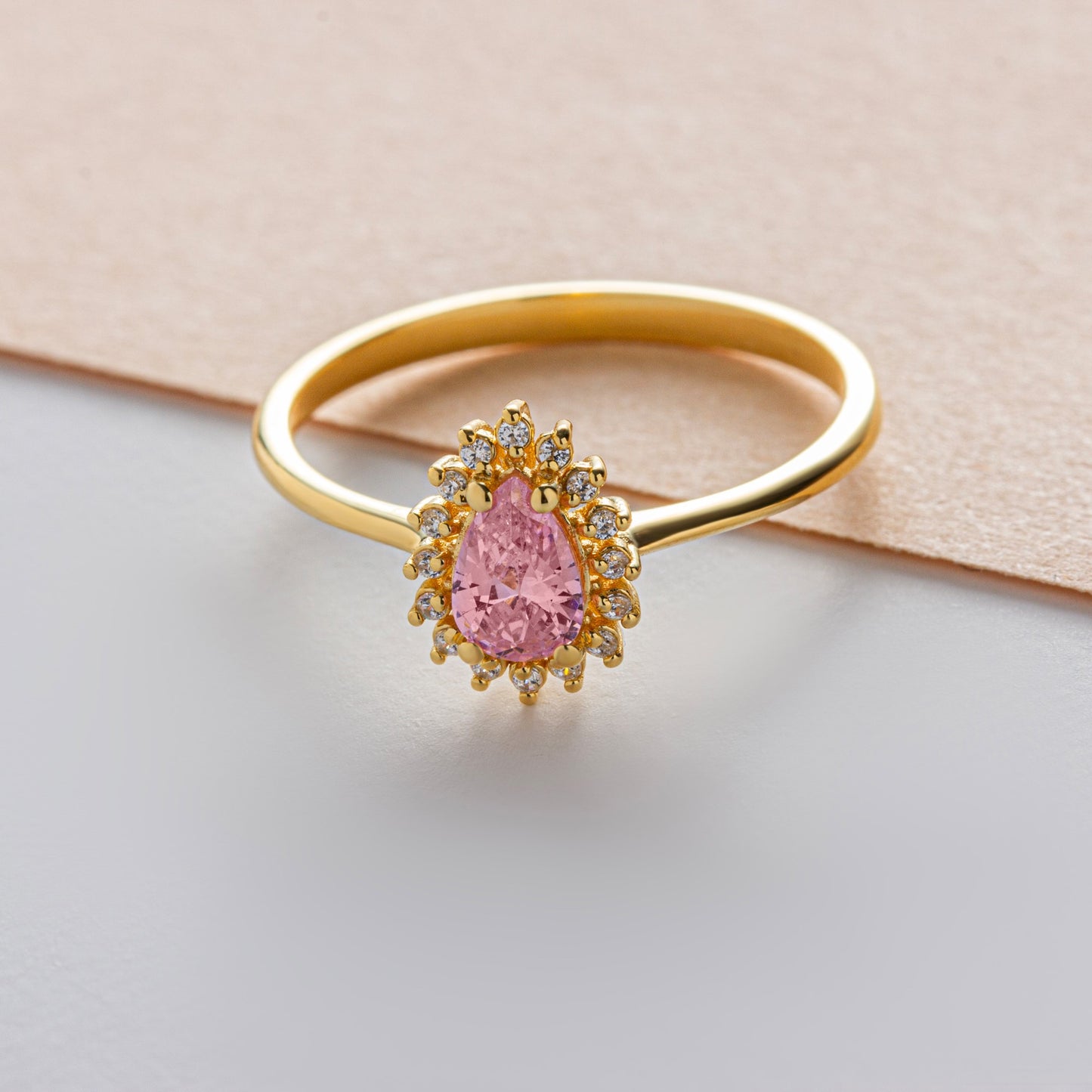 Teardrop Pink Tourmaline Ring in 8K/10K/14K Solid Gold Surrounded with Real Diamonds, October Birthstone Jewelry