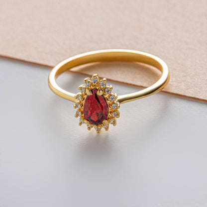 Teardrop Garnet Ring in 8K/10K/14K Solid Gold Surrounded with Real Diamonds, January Birthstone Jewelry