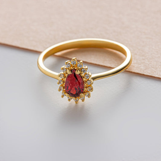 Teardrop Garnet Ring in 8K/10K/14K Solid Gold Surrounded with Real Diamonds, January Birthstone Jewelry