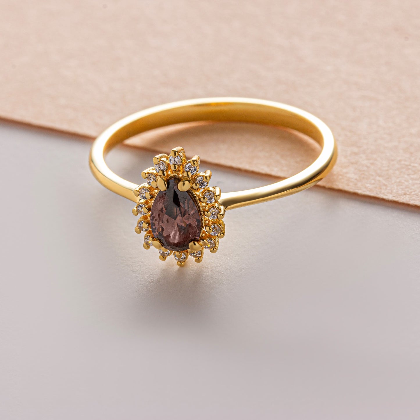 Teardrop Smoky Quartz Ring in 8K/10K/14K Solid Gold Surrounded with Real Diamonds, Birthstone Jewelry