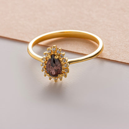Teardrop Smoky Quartz Ring in 8K/10K/14K Solid Gold Surrounded with Real Diamonds, Birthstone Jewelry