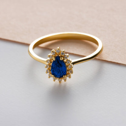 Teardrop Sapphire Ring in 8K/10K/14K Solid Gold Surrounded with Real Diamonds, September Birthstone Jewelry
