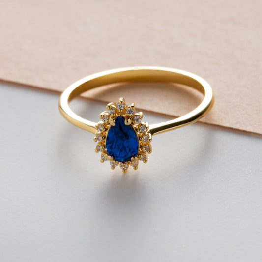 Teardrop Sapphire Ring in 8K/10K/14K Solid Gold Surrounded with Real Diamonds, September Birthstone Jewelry