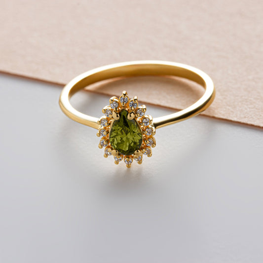 Teardrop Peridot Ring in 8K/10K/14K Solid Gold Surrounded with Real Diamonds, August Birthstone Jewelry