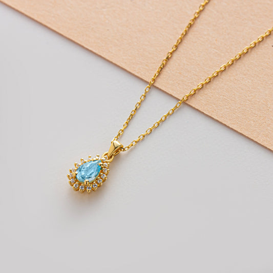 Teardrop Aquamarine Bezel Necklace in 8K/10K/14K Solid Gold Surrounded with Real Diamonds, March Birthstone Jewelry