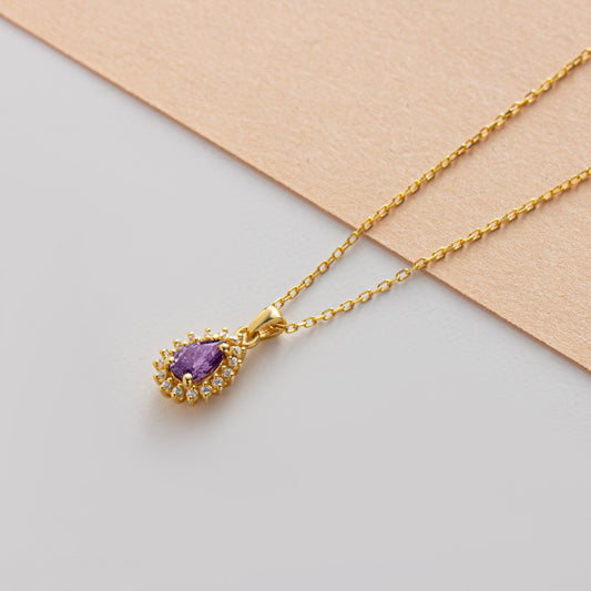 Teardrop Amethyst Bezel Necklace in 8K/10K/14K Solid Gold Surrounded with Real Diamonds, February Birthstone Jewelry