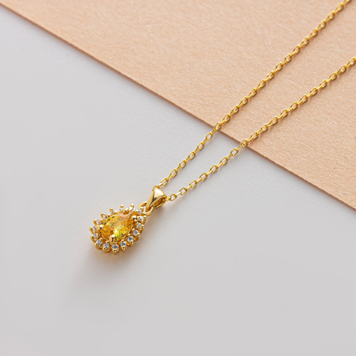 Teardrop Yellow Topaz Bezel Necklace in 8K/10K/14K Solid Gold Surrounded with Real Diamonds, Birthstone Jewelry