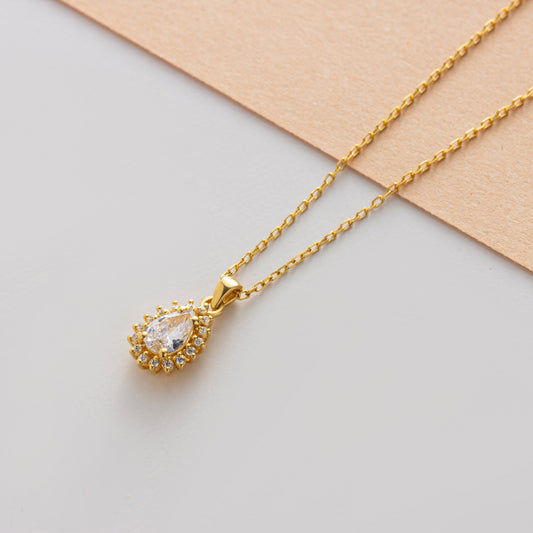 Teardrop White Topaz Bezel Necklace in 8K/10K/14K Solid Gold Surrounded with Real Diamonds, April Birthstone Jewelry