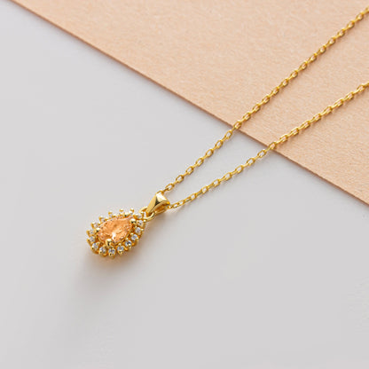 Teardrop Citrine Bezel Necklace in 8K/10K/14K Solid Gold Surrounded with Real Diamonds, November Birthstone Jewelry