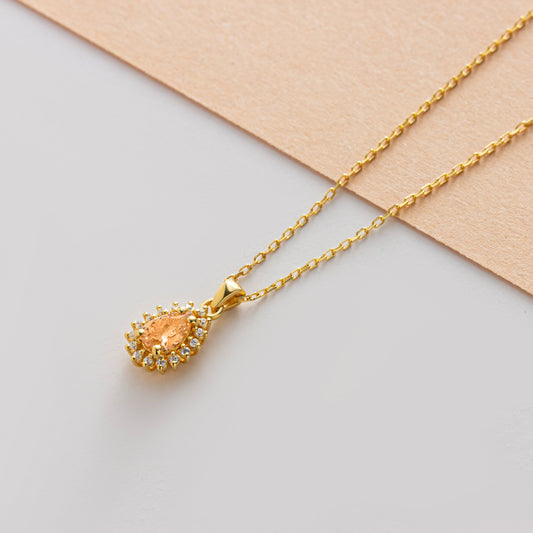 Teardrop Citrine Bezel Necklace in 8K/10K/14K Solid Gold Surrounded with Real Diamonds, November Birthstone Jewelry