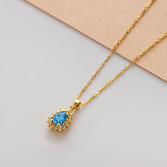 Teardrop Blue Topaz Bezel Necklace in 8K/10K/14K Solid Gold Surrounded with Real Diamonds, December Birthstone Jewelry