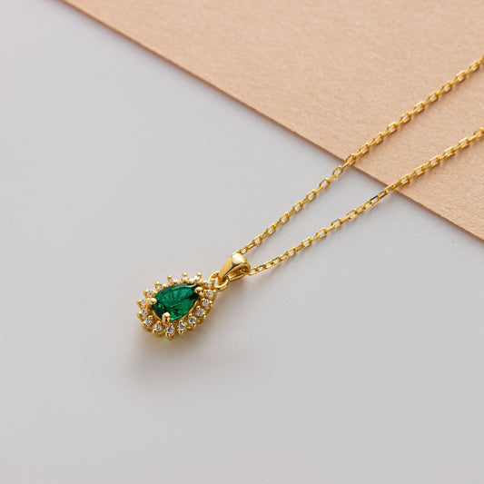 Teardrop Emerald Bezel Necklace in 8K/10K/14K Solid Gold Surrounded with Real Diamonds, May Birthstone Jewelry