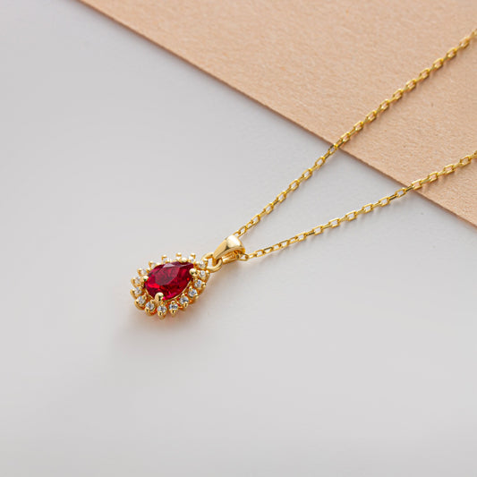 Teardrop Ruby Bezel Necklace in 8K/10K/14K Solid Gold Surrounded with Real Diamonds, July Birthstone Jewelry