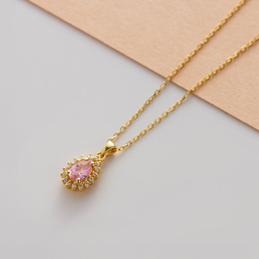 Teardrop Pink Tourmaline Bezel Necklace in 8K/10K/14K Solid Gold Surrounded with Real Diamonds, October Birthstone Jewelry