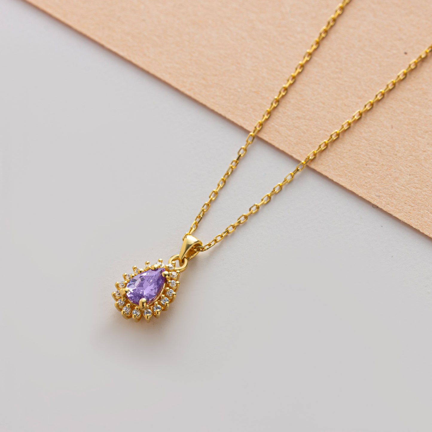 Teardrop Alexandrite Bezel Necklace in 8K/10K/14K Solid Gold Surrounded with Real Diamonds, June Birthstone Jewelry