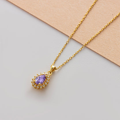 Teardrop Alexandrite Bezel Necklace in 8K/10K/14K Solid Gold Surrounded with Real Diamonds, June Birthstone Jewelry