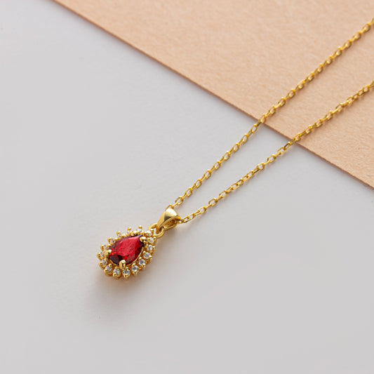 Teardrop Garnet Bezel Necklace in 8K/10K/14K Solid Gold Surrounded with Real Diamonds, January Birthstone Jewelry