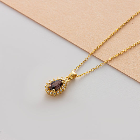 Teardrop Smoky Quartz Bezel Necklace in 8K/10K/14K Solid Gold Surrounded with Real Diamonds, Birthstone Jewelry
