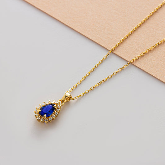 Teardrop Sapphire Bezel Necklace in 8K/10K/14K Solid Gold Surrounded with Real Diamonds, September Birthstone Jewelry