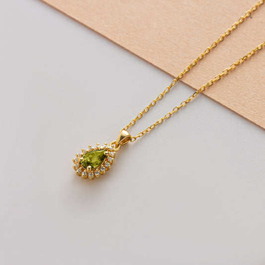 Teardrop Peridot Bezel Necklace in 8K/10K/14K Solid Gold Surrounded with Real Diamonds, August Birthstone Jewelry