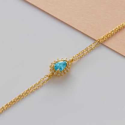 Teardrop Aquamarine Bezel Bracelet in 8K/10K/14K Solid Gold Surrounded with Real Diamonds, March Birthstone Jewelry