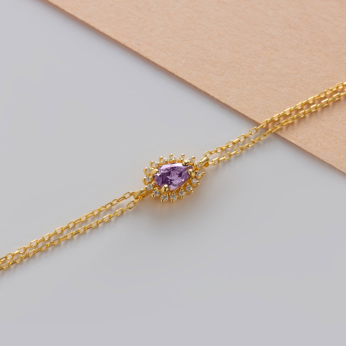 Teardrop Amethyst Bezel Bracelet in 8K/10K/14K Solid Gold Surrounded with Real Diamonds, February Birthstone Jewelry