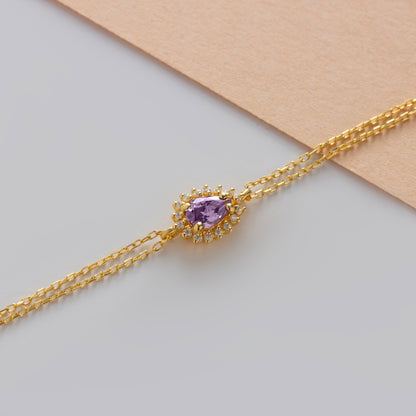 Teardrop Amethyst Bezel Bracelet in 8K/10K/14K Solid Gold Surrounded with Real Diamonds, February Birthstone Jewelry