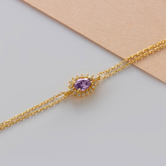 Teardrop Amethyst Bezel Bracelet in 8K/10K/14K Solid Gold Surrounded with Real Diamonds, February Birthstone Jewelry