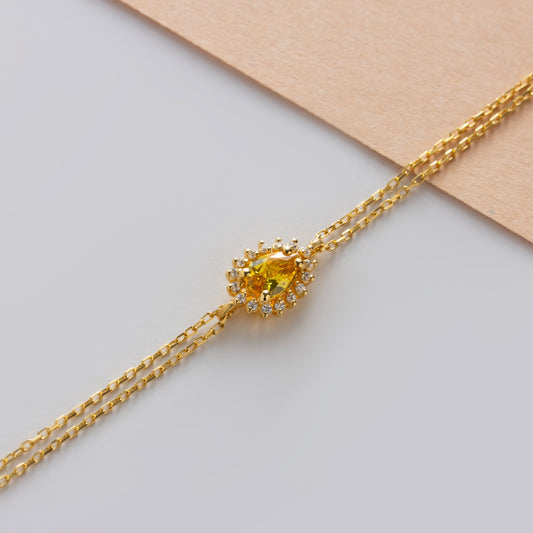 Teardrop Yellow Topaz Bezel Bracelet in 14K Solid Gold Surrounded with Real Diamonds, November Birthstone Jewelry