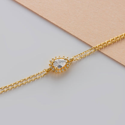 Teardrop White Topaz Bezel Bracelet in 8K/10K/14K Solid Gold Surrounded with Real Diamonds, April Birthstone Jewelry
