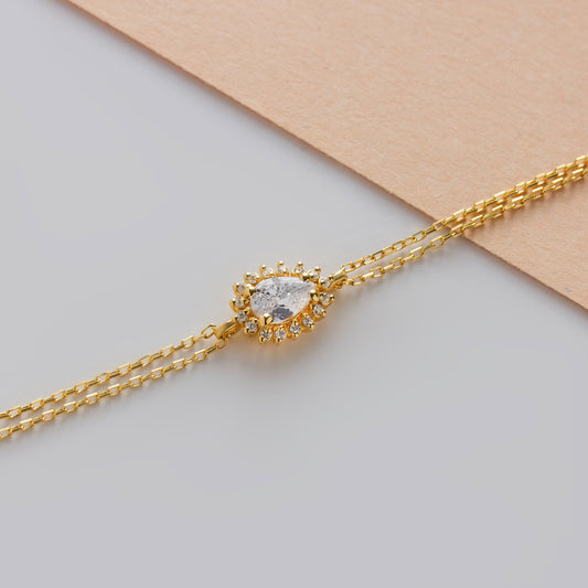 Teardrop White Topaz Bezel Bracelet in 8K/10K/14K Solid Gold Surrounded with Real Diamonds, April Birthstone Jewelry