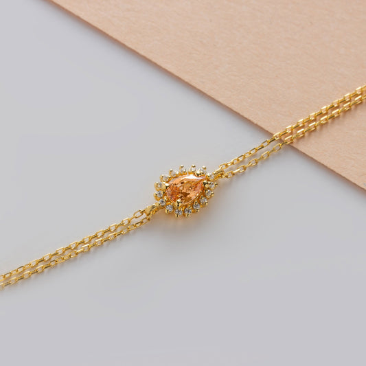Teardrop Citrine Bezel Bracelet in 14K Solid Gold Surrounded with Real Diamonds, November Birthstone Jewelry
