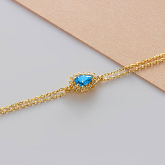 Teardrop Blue Topaz Bezel Bracelet in 14K Solid Gold Surrounded with Real Diamonds, December Birthstone Jewelry