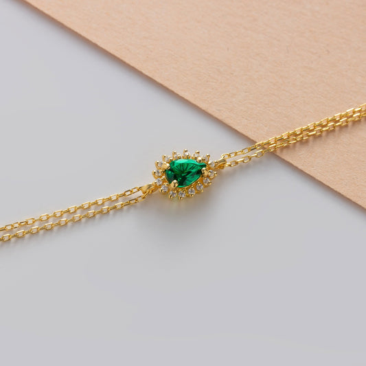 Teardrop Emerald Bezel Bracelet in 8K/10K/14K Solid Gold Surrounded with Real Diamonds, May Birthstone Jewelry