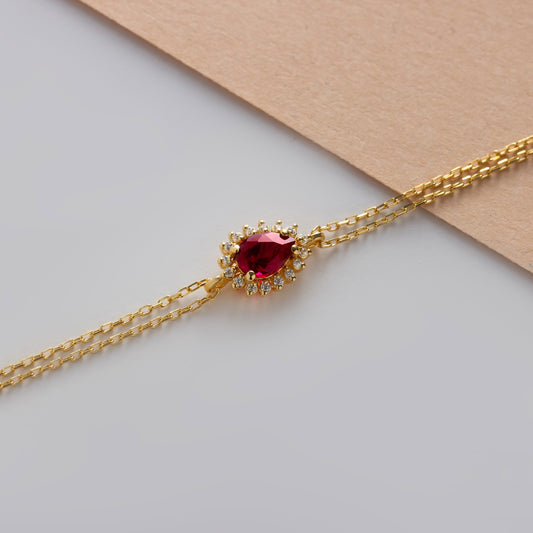 Teardrop Ruby Bezel Bracelet in 8K/10K/14K Solid Gold Surrounded with Real Diamonds, July Birthstone Jewelry