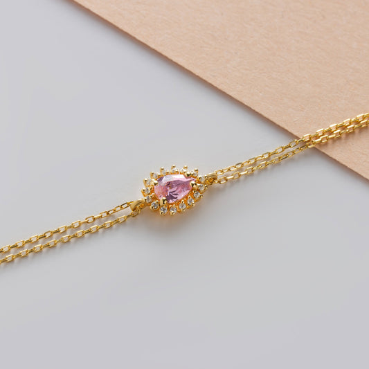 Teardrop Pink Tourmaline Bezel Bracelet in 8K/10K/14K Solid Gold Surrounded with Real Diamonds, October Birthstone Jewelry