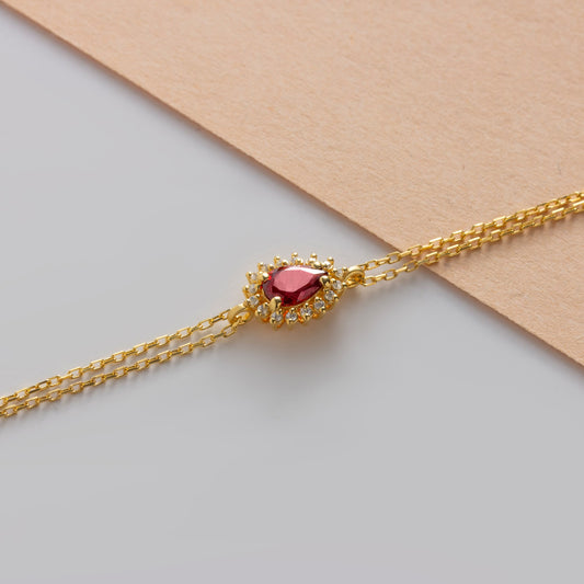 Teardrop Garnet Bezel Bracelet in  8K/10K/14K Solid Gold Surrounded with Real Diamonds, January Birthstone Jewelry