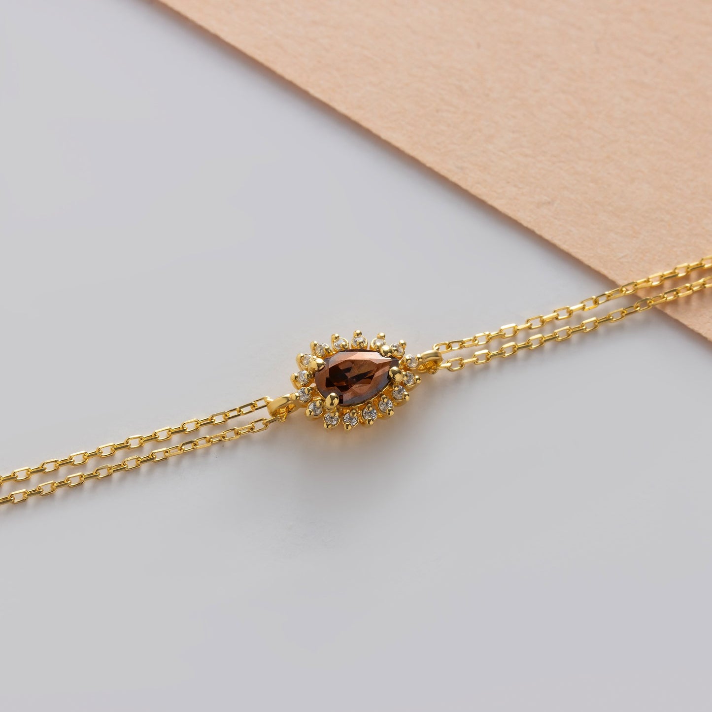 Teardrop Smoky Quartz Bezel Bracelet in 8K/10K/14K Solid Gold Surrounded with Real Diamonds, November Birthstone Jewelry