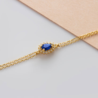 Teardrop Sapphire Bezel Bracelet in 8K/10K/14K Solid Gold Surrounded with Real Diamonds, September Birthstone Jewelry