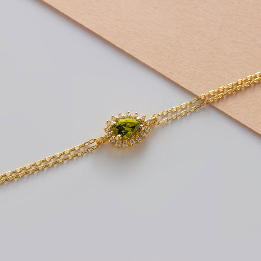 Teardrop Peridot Bezel Bracelet in 8K/10K/14K Solid Gold Surrounded with Real Diamonds, August Birthstone Jewelry