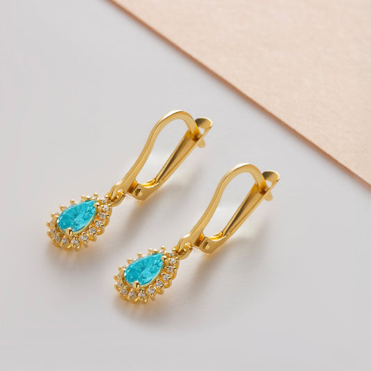 Teardrop Aquamarine Bezel Dangling Earrings in 8K/10K/14K Solid Gold Surrounded with Real Diamonds, March Birthstone Jewelry