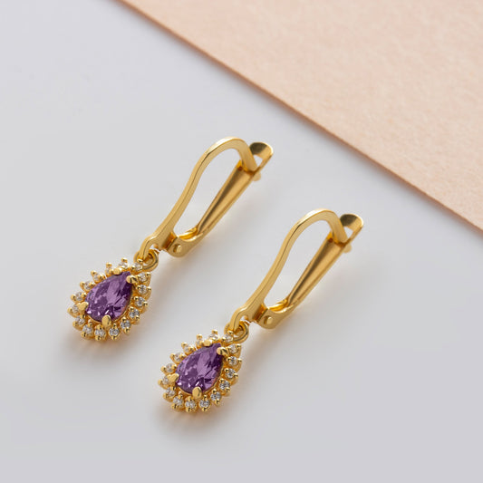 Teardrop Amethyst Bezel Dangling Earrings in 8K/10K/14K Solid Gold Surrounded with Real Diamonds, February Birthstone Jewelry