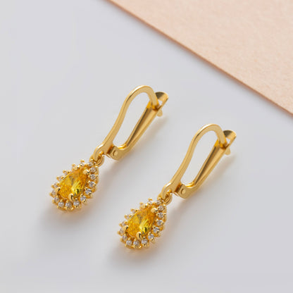 Teardrop Yellow Topaz Bezel Dangling Earrings in 8K/10K/14K Solid Gold Surrounded with Real Diamonds, November Birthstone Jewelry