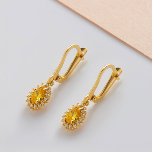 Teardrop Yellow Topaz Bezel Dangling Earrings in 14K Solid Gold Surrounded with Real Diamonds, November Birthstone Jewelry