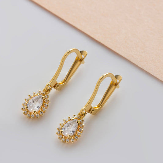 Teardrop White Topaz Bezel Dangling Earrings in 8K/10K/14K Solid Gold Surrounded with Real Diamonds, April Birthstone Jewelry
