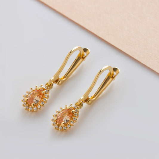 Teardrop Citrine Bezel Dangling Earrings in 14K Solid Gold Surrounded with Real Diamonds, November Birthstone Jewelry