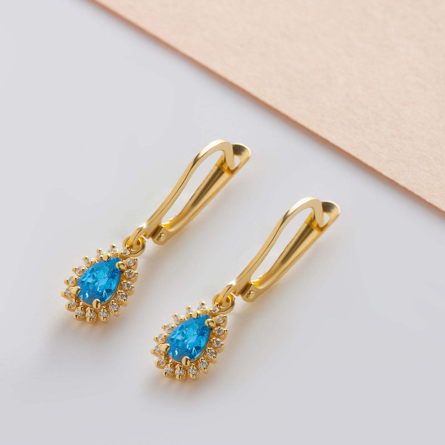 Teardrop Blue Topaz Bezel Dangling Earrings in 8K/10K/14K Solid Gold Surrounded with Real Diamonds, December Birthstone Jewelry